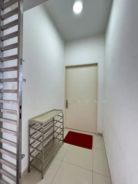 Room features: white painted walls, tile flooring, single door, metal shoe rack, red doormat, ceiling light; style: modern.