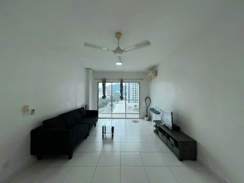 Living features: 3-seater fabric sofa in black, ceiling fan with light, wall-mounted TV, TV console, white painted walls, white tiled flooring, floor-to-ceiling windows, curtains, air conditioning unit, decorative rug; style: modern; view: city.