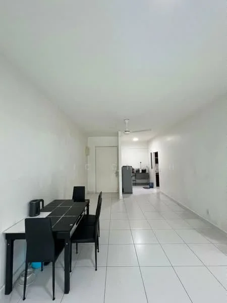 Dining features: black dining table, 4 black dining chairs, white walls, white tiled flooring, ceiling fan, recessed lighting, open layout, doorway leading to hallway, kitchen area visible in background; style: modern.