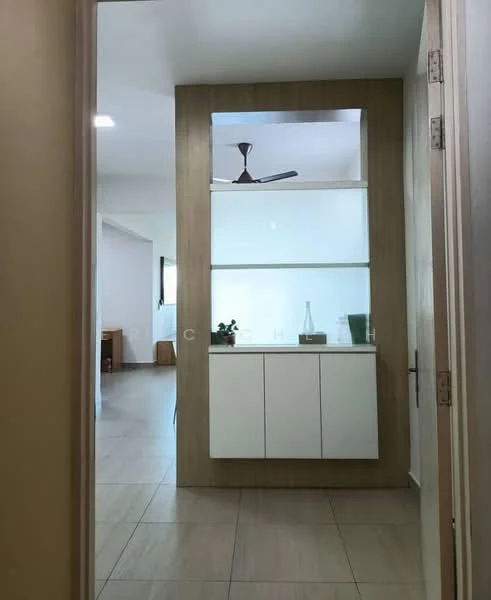 Room features: light-colored walls, wooden feature wall, white cabinetry with drawers, ceiling fan, tile flooring, open space, natural light from window, decorative plant on shelf; style: modern.