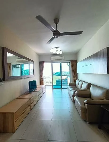 Living features: 3-seater leather sofa, 2-seater leather sofa, wooden TV console, wall-mounted TV, ceiling fan with light, recessed downlights, large mirror, floor-to-ceiling sliding glass door, curtains, tile flooring, balcony view; style: modern; view: city.
