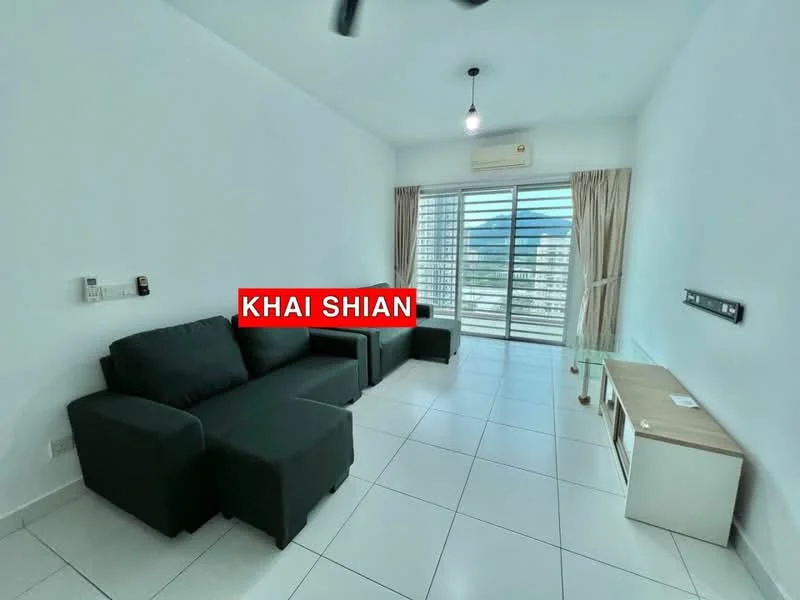 Living features: black fabric L-shape sofa, white wall, tile flooring, floor-to-ceiling windows, sheer curtains, ceiling fan with light, wall-mounted TV console, wooden TV cabinet, air conditioning unit; style: modern; view: city.