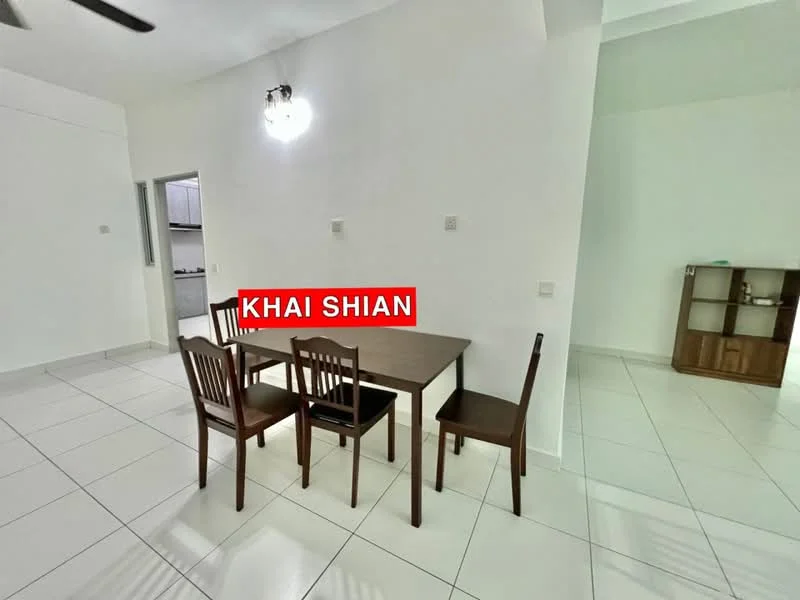 Dining features: white painted walls, white ceiling, 4-seater dining table, wooden dining chairs, tile flooring, ceiling light fixture, open layout, built-in cabinet; style: modern.
