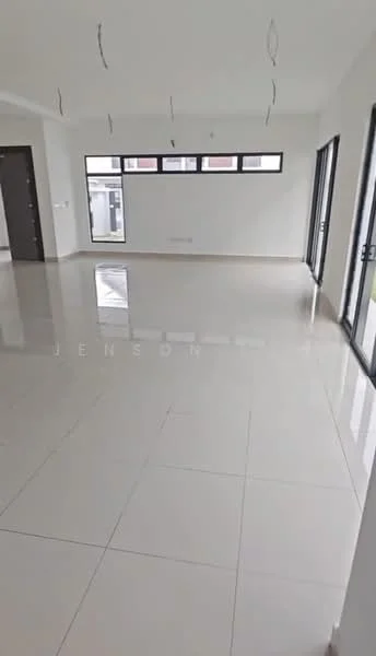 Living features: white painted walls, glossy ceramic tile flooring, recessed downlights, floor-to-ceiling windows, sliding glass door, neutral color scheme, open layout, high ceiling; style: modern.