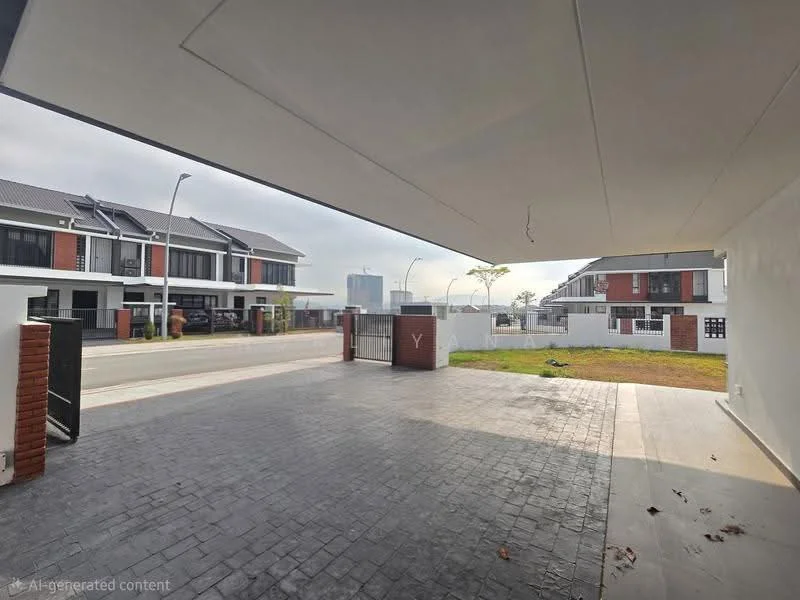 Exterior type: linked terrace house; features: paved driveway, brick wall with gate, manicured lawn, two-storey linked terrace houses, concrete overhang, street view, surrounded by greenery; style: modern.