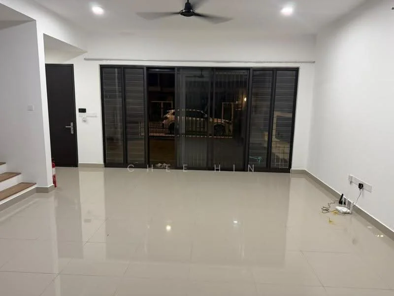 Living features: white painted walls, glossy ceramic tile flooring, 5-blade ceiling fan, floor-to-ceiling sliding glass doors, blackout curtains, wall-mounted electrical outlets, light switches, open space layout; style: modern.