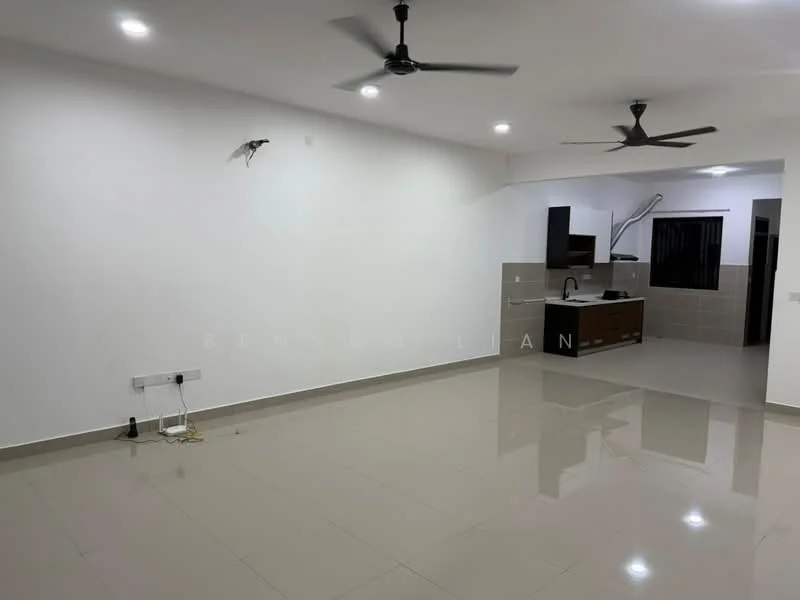 Living features: white painted walls, polished ceramic tile flooring, 2 ceiling fans, recessed downlights, open kitchen layout, kitchen island with cabinetry, window with black grilles, plumbing visible on wall; style: modern.
