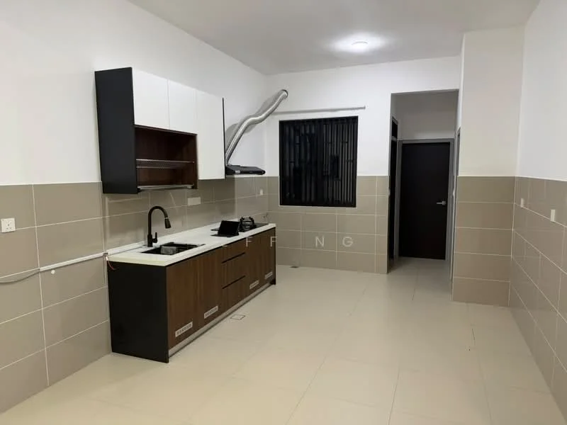 Kitchen features: white upper cabinets, brown lower cabinets, single-bowl stainless-steel sink, chrome pull-down faucet, white countertop, ceramic tile backsplash, built-in stove, exhaust hood, wall-mounted window, light-colored tile flooring, recessed ceiling light; style: modern.