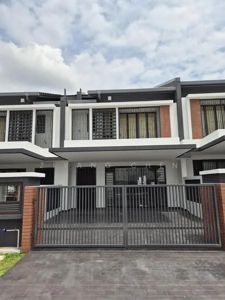 Exterior type: linked terrace house; features: two-storey building, white painted facade, brown accent panels, black window grilles, gated entrance, paved driveway, manicured lawn, multiple windows, balconies on upper floor, modern architectural design; style: modern.