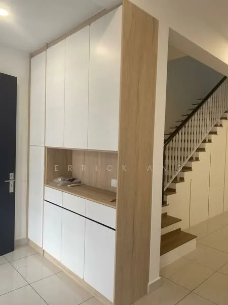 Room features: white cabinetry, wooden accent panel, built-in storage, countertop, ceramic tile flooring, staircase with wooden steps, white painted walls, recessed lighting; style: modern.