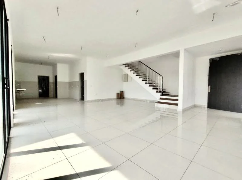 Room features: white painted walls, polished ceramic tile flooring, staircase with wooden steps, large floor-to-ceiling windows, recessed ceiling lights, open layout, high ceiling, neutral color palette; style: modern.