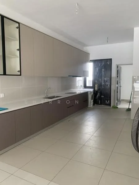 Kitchen features: light grey upper cabinets, dark grey lower cabinets, white countertop, single-bowl stainless-steel sink, chrome pull-down faucet, white tiled backsplash, built-in oven, ceramic tile flooring, recessed downlights, floor-to-ceiling windows, open layout, door leading outside; style: modern.