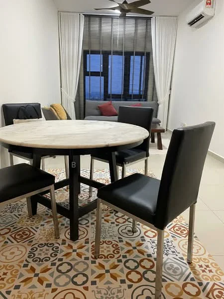 Dining features: round marble dining table, 4 black leather dining chairs, decorative patterned floor tiles, white painted walls, floor-to-ceiling windows, sheer curtains, 3-blade ceiling fan, wall-mounted split AC; style: modern.