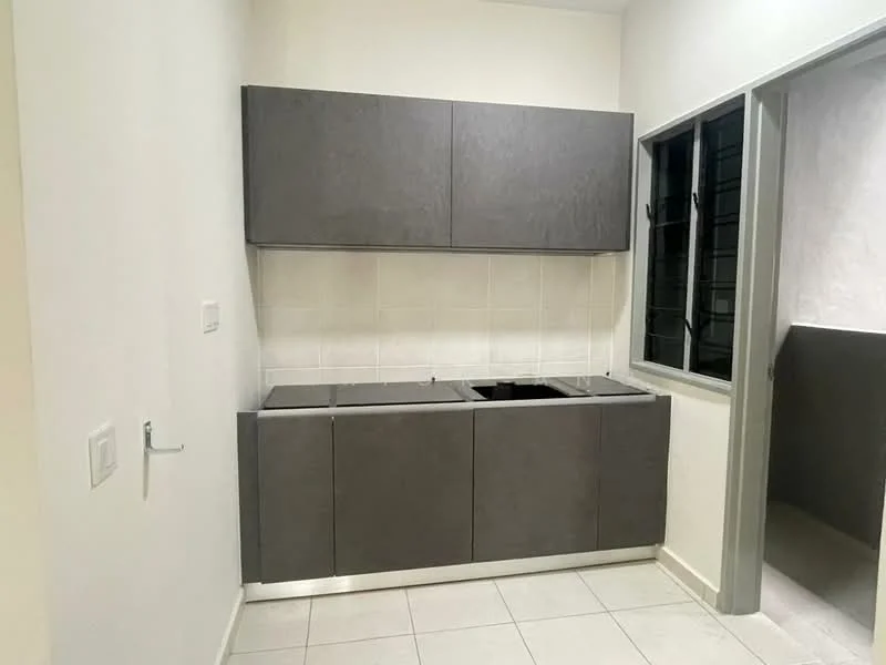 Kitchen features: grey cabinetry, white tiled backsplash, double-bowl sink space, countertop space, wall-mounted cabinets, floor tiles, window with metal grille, neutral wall color; style: modern.