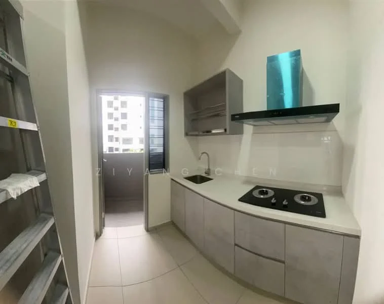 Kitchen features: grey cabinetry, white countertop, stainless-steel range hood, 2-burner gas hob, single-bowl stainless-steel sink, chrome pull-down faucet, wall-mounted shelves, tile flooring, window with view to balcony, light-colored walls; style: modern.