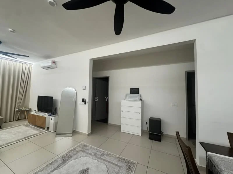 Living features: 5-blade ceiling fan in black, wall-mounted TV, white painted walls, cream tiled flooring, large mirror, white dresser, dark wood dining table, area rug with geometric pattern, curtains, air conditioning unit; style: modern.