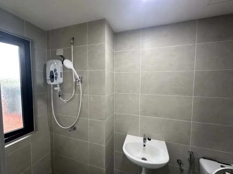 Bathroom features: grey ceramic tile walls, grey ceramic tile flooring, shower with wall-mounted water heater, handheld shower head, small wash basin, chrome faucet, window with frosted glass, recessed lighting; style: modern.