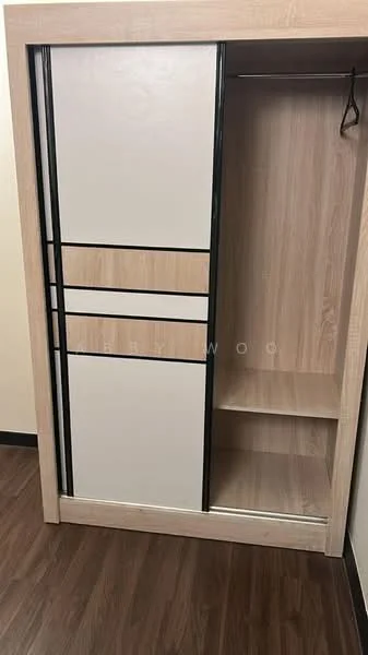 Room features: built-in wardrobe with sliding doors, wooden finish, neutral color panels, open shelving, hanging rod for clothes, dark trim accents, laminate flooring; style: modern.