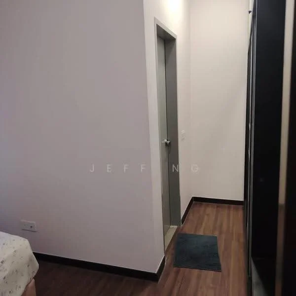 Room features: white painted walls, laminate flooring, door to bathroom, built-in wardrobe, grey door frame, blue bath mat.
