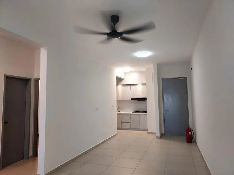 Room features: white painted walls, tile flooring, ceiling fan, recessed ceiling light, kitchen cabinetry, built-in kitchen appliances, fire extinguisher, door with handle, open layout; style: modern.