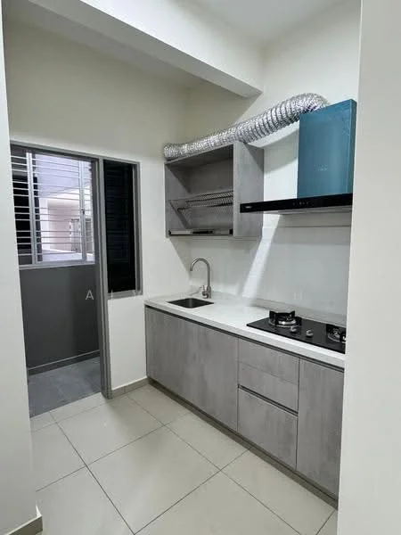 Kitchen features: grey cabinetry, white countertop, double-bowl stainless-steel sink, chrome pull-down faucet, built-in gas hob, exhaust hood, open shelving, tile flooring, white painted walls, window with metal grille, ventilation duct; style: modern.