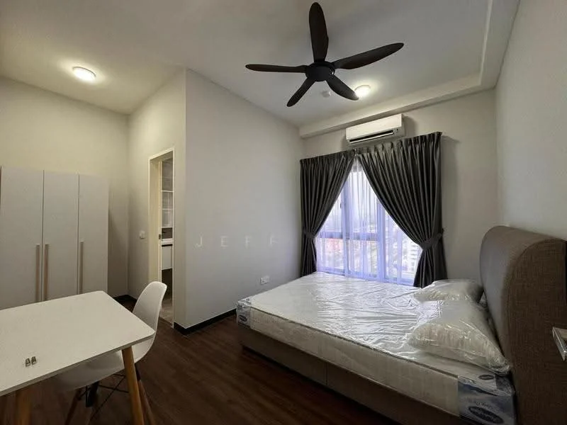 Bedroom features: king-size bed with mattress, upholstered headboard, white bedding, 5-blade ceiling fan with light, floor-to-ceiling window, grey curtains, wood laminate flooring, built-in wardrobe with sliding doors, study desk with white surface, white chair; style: modern; view: city.