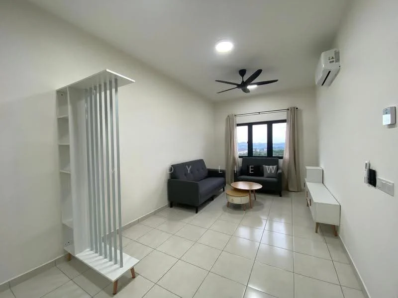Living features: grey fabric sofa, round wooden coffee table, white TV console, wall-mounted air conditioning unit, 5-blade ceiling fan with light, floor-to-ceiling window, curtains, white painted walls, tile flooring; style: modern; view: city.