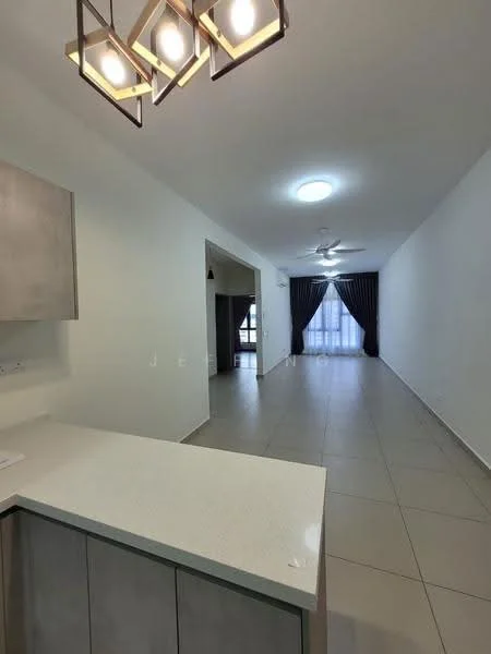 Kitchen features: white cabinetry, countertop with textured surface, pendant lighting, open layout to living area; style: modern. Living features: large window with sheer curtains, ceiling fan, recessed lighting, neutral tile flooring, dark curtains, spacious layout; style: modern.