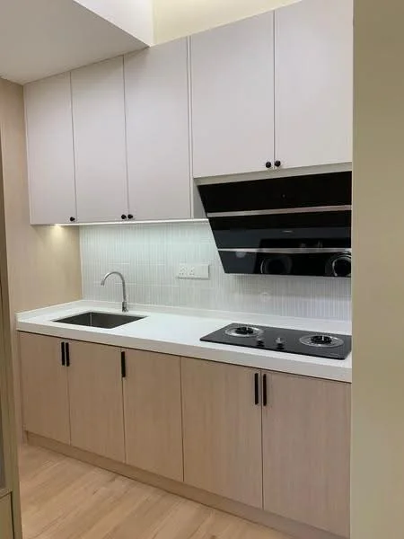 Kitchen features: light wood cabinetry, white countertop, single-bowl stainless-steel sink, chrome pull-down faucet, black glass backsplash, built-in oven, 2-burner gas hob, recessed LED downlights, wooden flooring; style: modern.