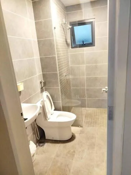 Bathroom features: grey tiled walls, grey tiled flooring, walk-in shower with glass enclosure, rain shower head, handheld shower, toilet, wall-mounted toilet paper holder, small window, vanity with sink, mirror above vanity; style: modern.