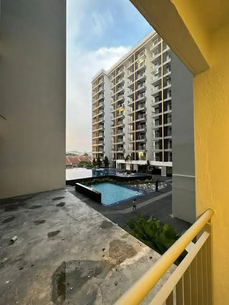 Room features: balcony with railing, concrete flooring, view of swimming pool, view of high-rise building, exterior wall of building, landscaped area around pool, partially cloudy sky; style: modern; view: pool.