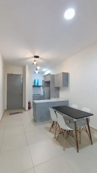 Dining features: rectangular dining table with black surface, 4 white dining chairs with wooden legs, grey cabinetry, kitchen island with grey countertop, white walls, recessed downlights, pendant light fixture, tile flooring, open layout to kitchen, fire extinguisher visible, door leading to hallway; style: modern.