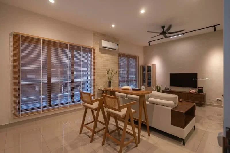Living features: cream painted walls, light grey accent wall, recessed downlights, 5-blade ceiling fan, floor-to-ceiling windows, wooden blinds, light-coloured tile flooring, white leather sofa, wooden coffee table, TV console, wall-mounted TV, decorative plant in vase; style: modern.