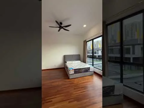 Bedroom features: king-size bed, upholstered headboard, 5-blade ceiling fan with light, floor-to-ceiling windows, wooden flooring, sheer curtains, decorative wall, natural light from windows; style: modern; view: garden.
