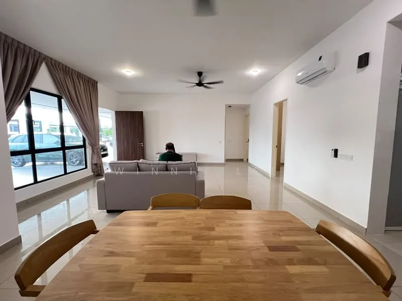 Living features: light grey fabric sofa, wooden dining table, 4 wooden dining chairs, floor-to-ceiling windows, curtains in beige, white painted walls, polished ceramic tile flooring, ceiling fan, wall-mounted split AC, recessed downlights; style: modern; view: garden.