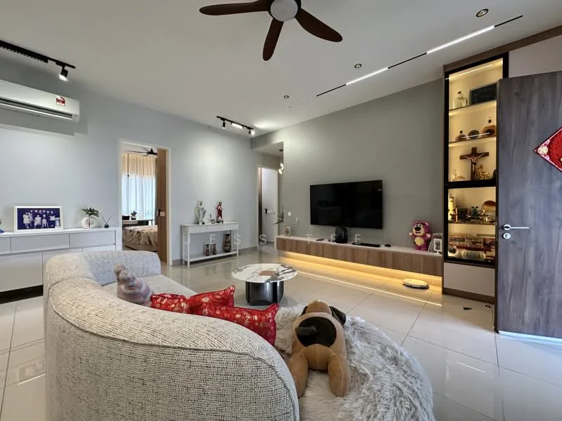 Living features: 5-blade ceiling fan with light, wall-mounted TV, TV console with storage, light wood cabinetry, decorative shelving unit, cream fabric sofa, round coffee table, area rug, white walls, recessed LED downlights, large window with sheer curtains, decorative items on shelves, plush toy on sofa; style: modern.