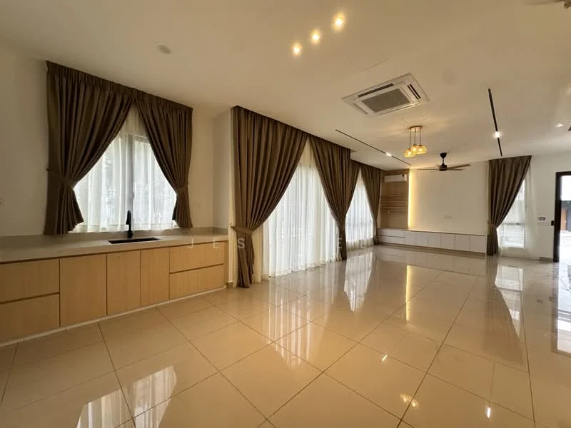 Living features: cream tiled flooring, white painted walls, floor-to-ceiling windows, sheer curtains, brown drapes, ceiling fan with light, recessed downlights, built-in cabinetry, kitchen countertop, sink, open layout; style: modern.