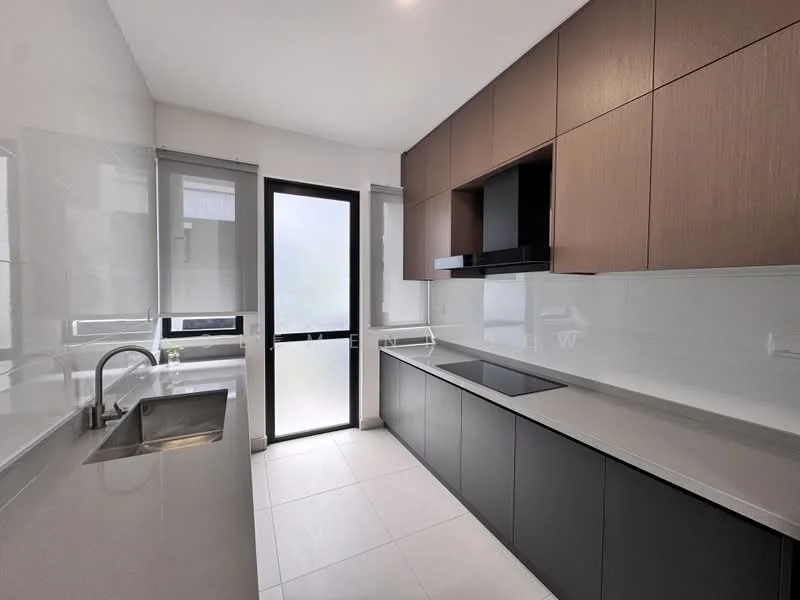 Kitchen features: single-bowl stainless-steel sink, chrome pull-down faucet, grey laminate countertop, white tiled backsplash, wood cabinetry in light brown, dark grey lower cabinets, built-in induction cooktop, built-in range hood, floor-to-ceiling windows, sliding glass door, tile flooring in light color, recessed downlights; style: modern.