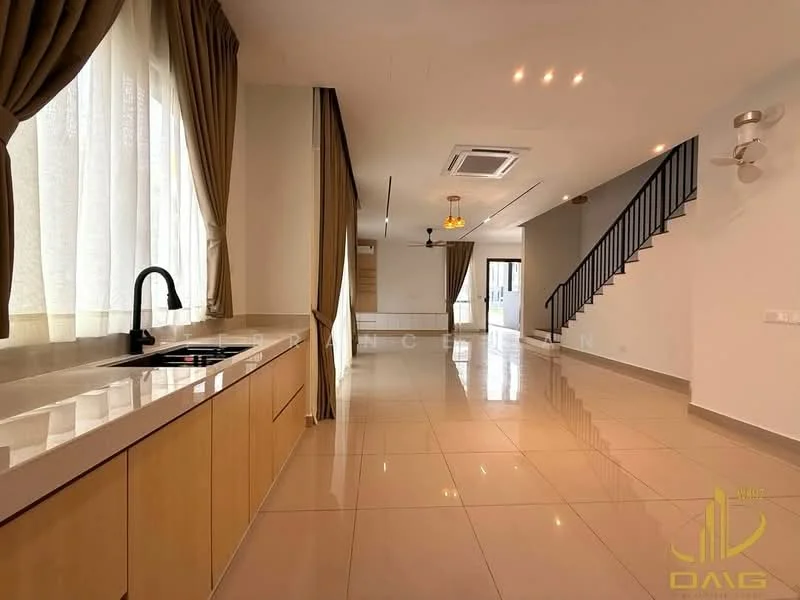 Kitchen features: single-bowl stainless-steel sink, chrome pull-down faucet, light wood cabinetry, white countertop, ceramic tile flooring, recessed downlights, window with sheer curtains; style: modern. Living features: open-plan layout, large windows with sheer curtains, ceramic tile flooring, recessed downlights, ceiling fan, staircase with metal railing; style: modern.