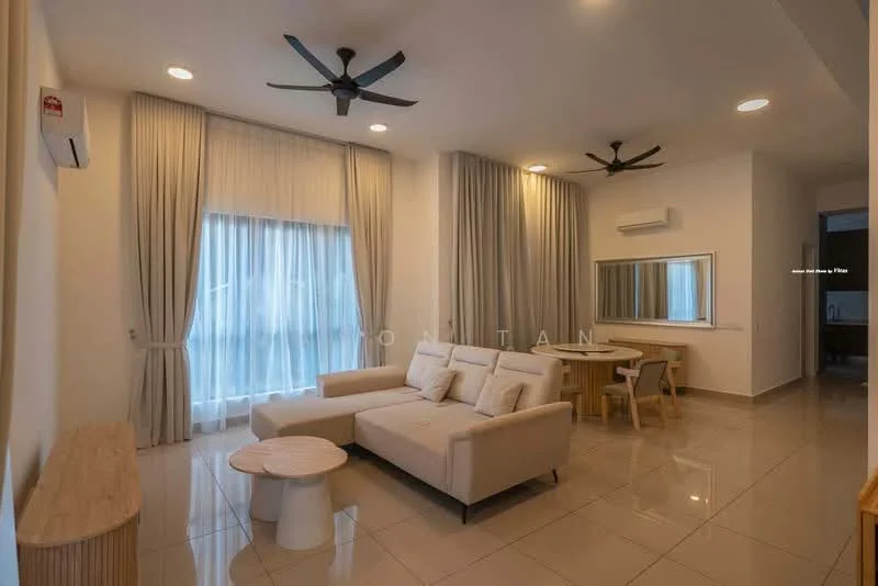 Living features: 3-seater fabric sofa in beige, coffee table, dining table for 4, floor-to-ceiling windows with sheer curtains, 2 ceiling fans, wall-mounted split AC, recessed downlights, mirror on wall, neutral painted walls, glossy tile flooring; style: modern.
