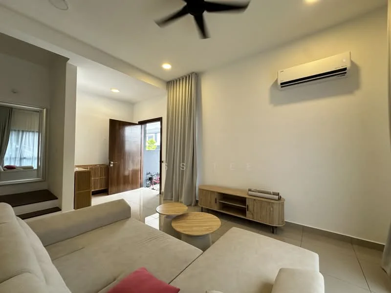 Living features: 3-seater fabric sofa in beige, 2 round coffee tables, TV console in light wood, wall-mounted TV, floor-to-ceiling window with sheer curtains, 1 wall-mounted split AC, recessed downlights, light-coloured tiled flooring, mirror on wall, entrance door, decorative wall paneling; style: modern.
