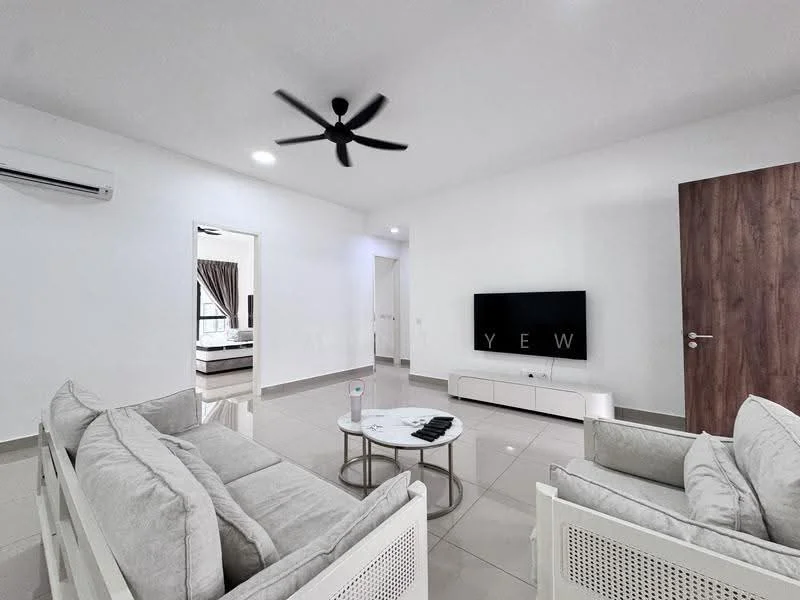 Living features: 2-seater fabric sofa in light grey, 2-seater fabric sofa in light grey, round coffee table with metal base, wall-mounted flat-screen TV, white TV console, ceiling fan with 5 blades, wall-mounted split AC, glossy tile flooring, white painted walls, recessed lighting, decorative wall art, door leading to another room; style: modern.