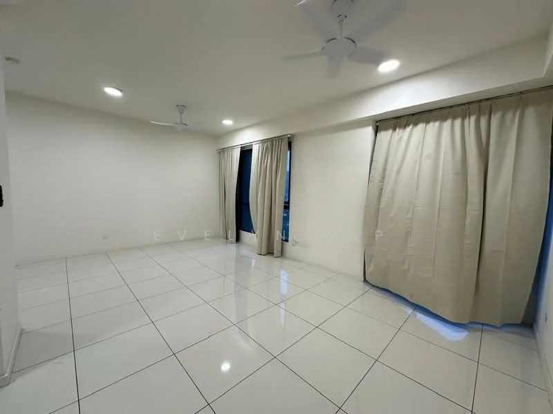Living features: white painted walls, glossy white tile flooring, 2 ceiling fans, recessed downlights, floor-to-ceiling windows, curtains, neutral color scheme; style: modern; view: city.