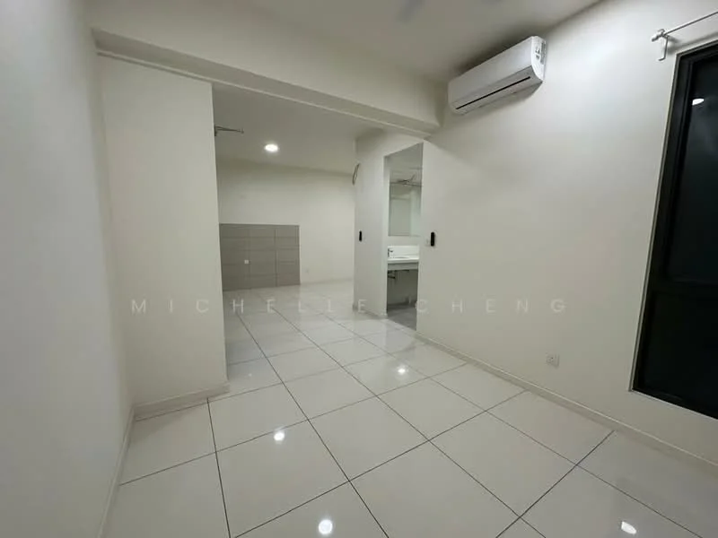 Room features: white painted walls, glossy white floor tiles, ceiling-mounted air conditioning unit, recessed lighting, large window with black frame, open layout, neutral color scheme, no visible furniture; style: modern.