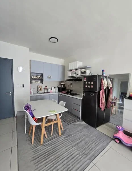 Kitchen features: grey cabinetry, white upper cabinets, black refrigerator, stainless-steel sink, chrome pull-down faucet, ceramic tile flooring, recessed downlights, dining table with white chairs, grey area rug, kitchen appliances on countertop, mirror on wall, open shelving; style: modern.