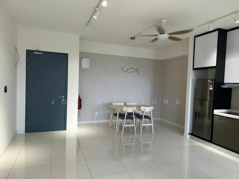 Dining features: white painted walls, glossy tile flooring, 5-blade ceiling fan, dining table with four chairs, refrigerator, kitchen cabinetry, wall-mounted fire extinguisher, door to hallway; style: modern.