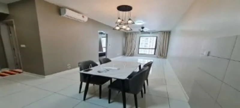 Dining features: 6-seater dining table with marble top, black upholstered dining chairs, pendant lighting fixture, wall-mounted split AC, large window with sheer curtains, cream painted walls, white tiled flooring, ceiling fan; style: modern; view: city. Room features: white tiled flooring, cream painted walls.