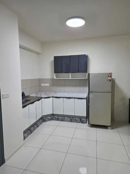Kitchen features: white cabinetry with grey upper cabinets, grey countertop, stainless-steel fridge, ceramic tile flooring, recessed ceiling light, wall-mounted cabinets, sink with faucet, backsplash with light-colored tiles; style: modern.