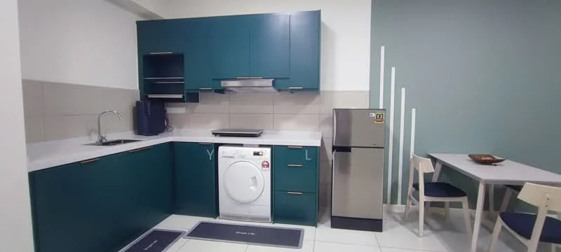 Kitchen features: teal cabinetry, white countertop, stainless-steel single-bowl sink, chrome pull-down faucet, built-in stove, built-in oven, stainless-steel fridge, front-load washing machine, tile backsplash, white tiled flooring, dining table with chairs, wall-mounted kitchen shelf; style: modern.