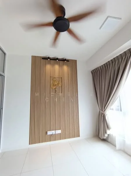 Room features: light-coloured tiled flooring, wooden feature wall with vertical slats, recessed lighting, 5-blade ceiling fan in black, floor-to-ceiling windows, sheer curtains, decorative wall art, neutral painted walls; style: modern.